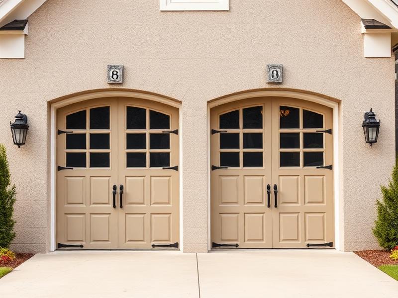 Beautiful carriage house garage doors with decorative black iron hardware on residential home