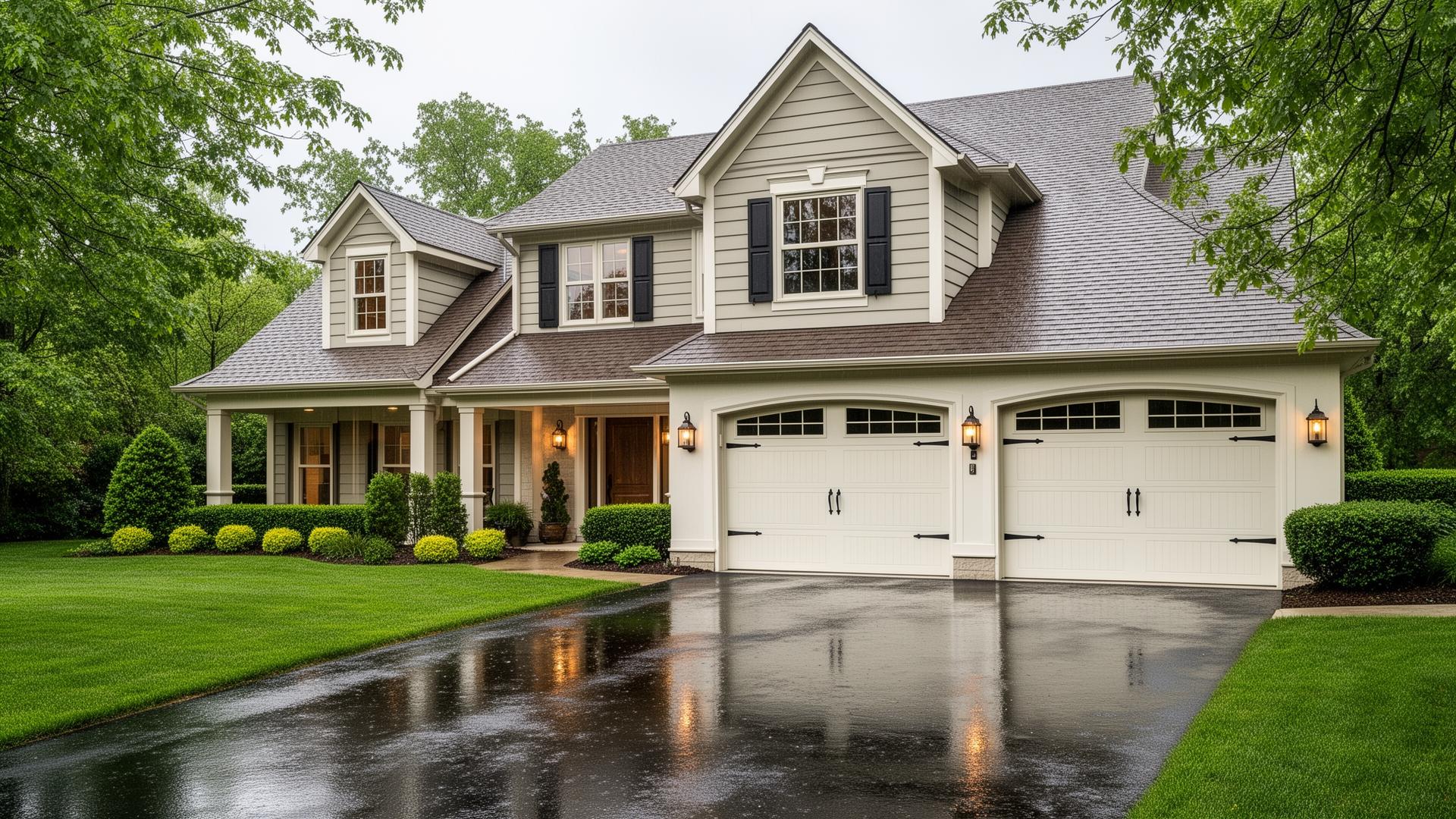 Beautiful suburban home with classic carriage house garage doors featuring decorative black iron hardware