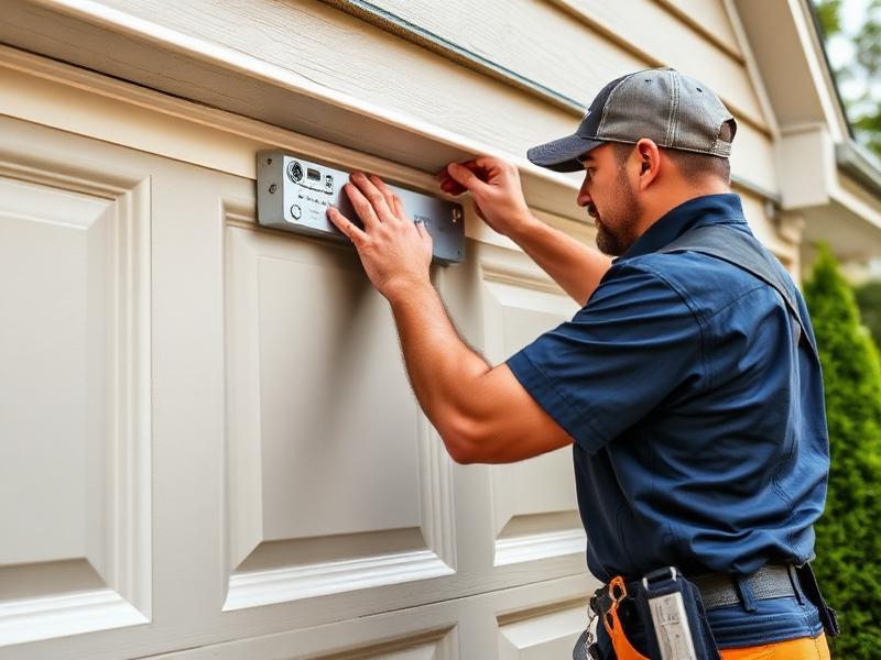 Professional garage door installer working on residential garage door